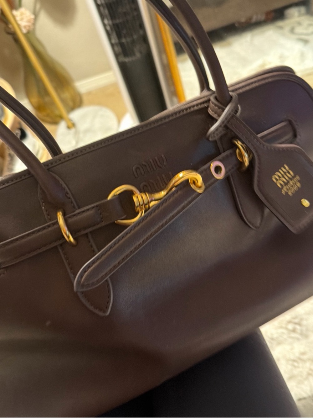 Miu Dark Brown Leather Tote with Gold Hardware